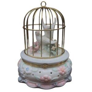 Porcelain Doves in Gold-tone Cage Trinket Box or Potpourri Holder Hinged Lid